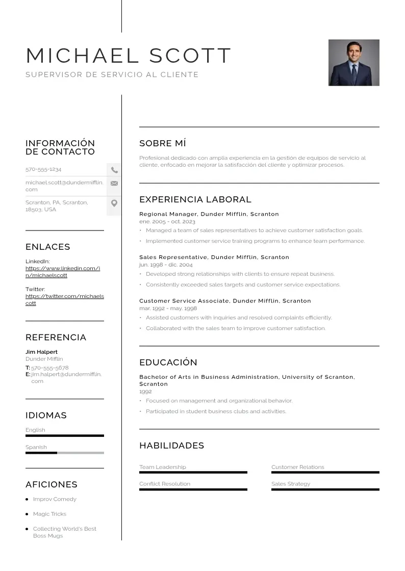 two column supervisor-de-servicio-al-cliente resume example