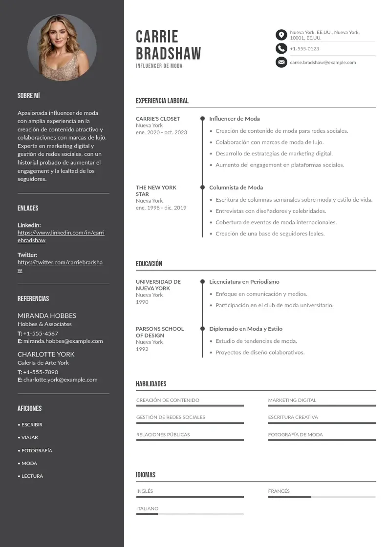 two column influencer-de-marca resume example