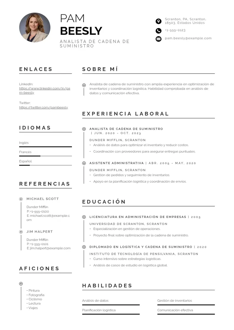 two column cv-analista-de-cadena-de-suministro resume example