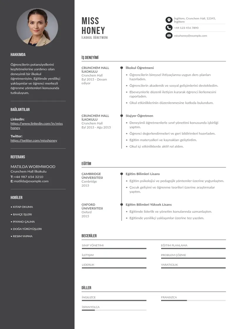 Divu kolonnu ilkokul öğretmeni  CV piemērs