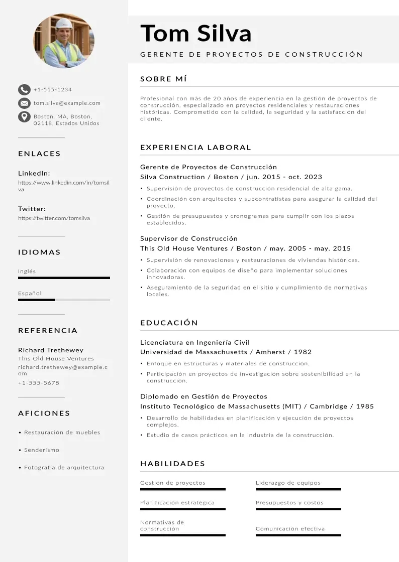 two column cv-gerente-de-proyectos-de-construccion resume example