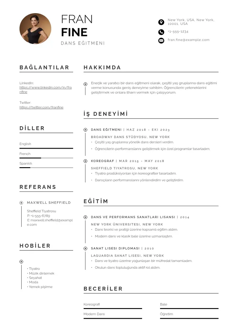 Profesionāla Dans eğitmeni  CV veidne