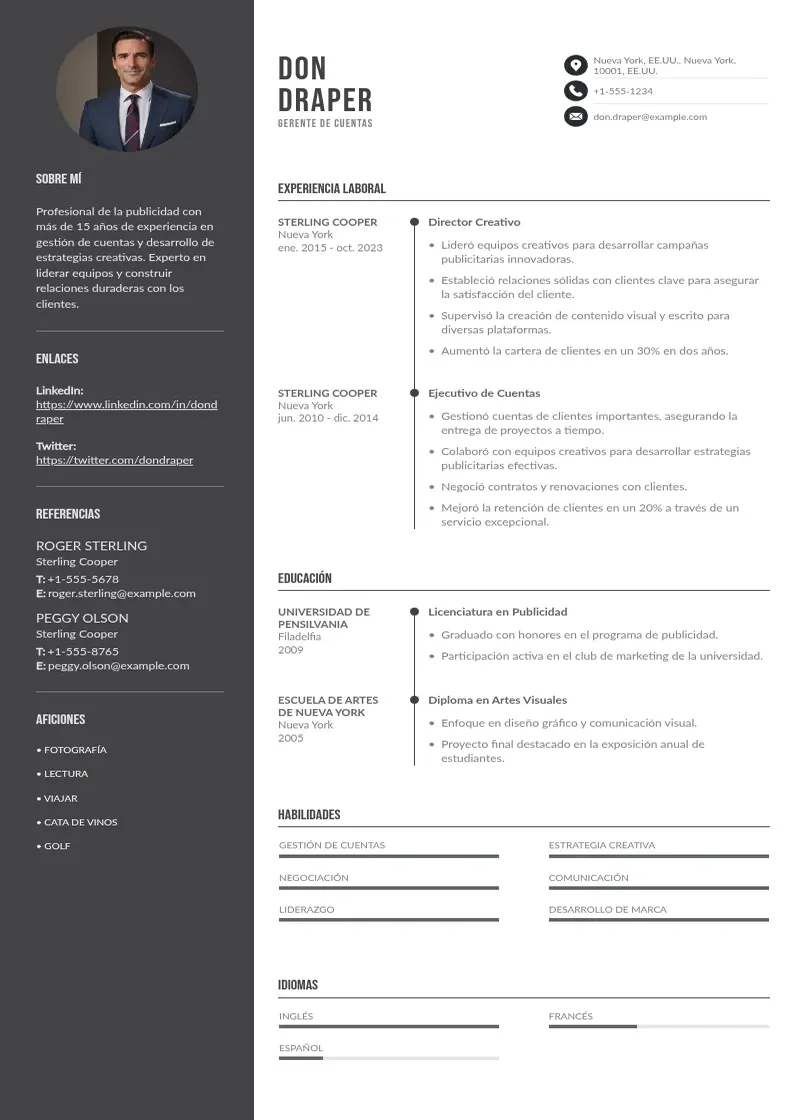 two column cv-gerente-de-cuentas resume example