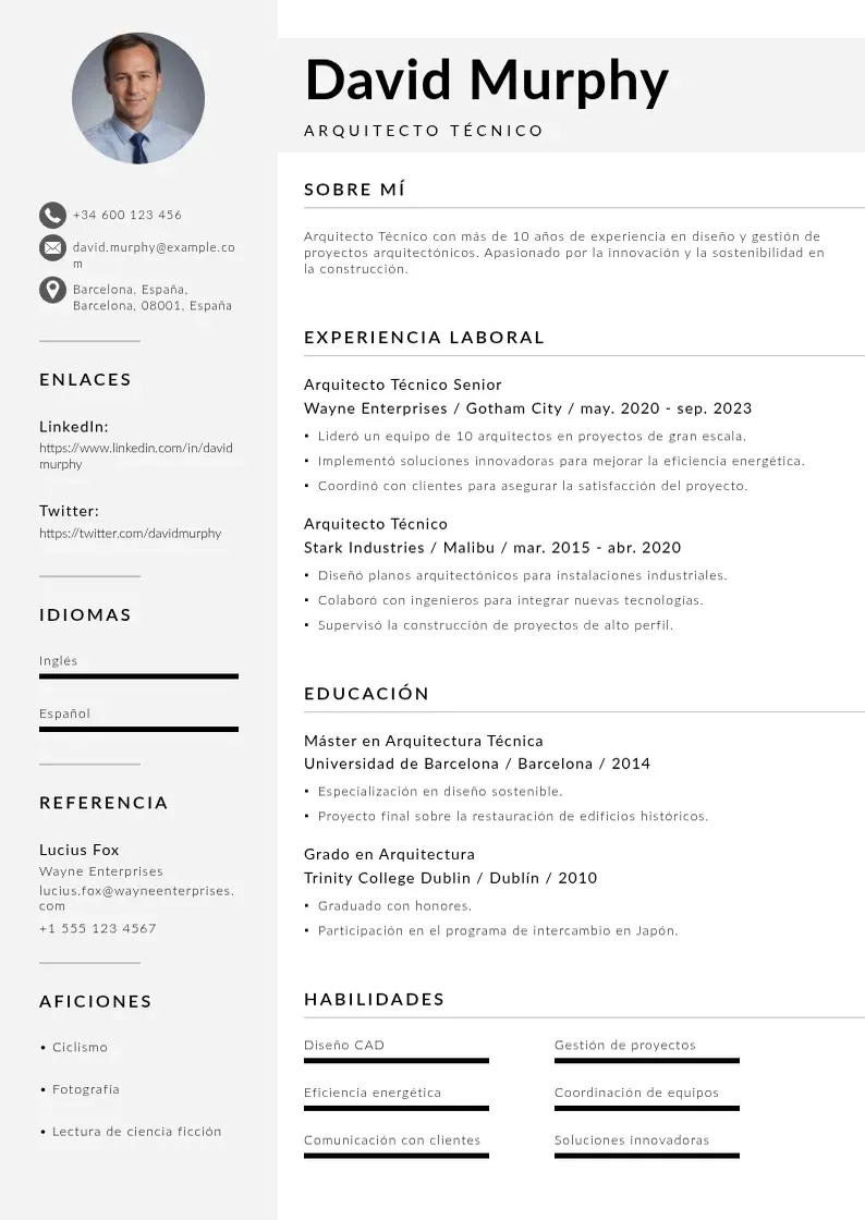 two column arquitecto-tecnico resume example