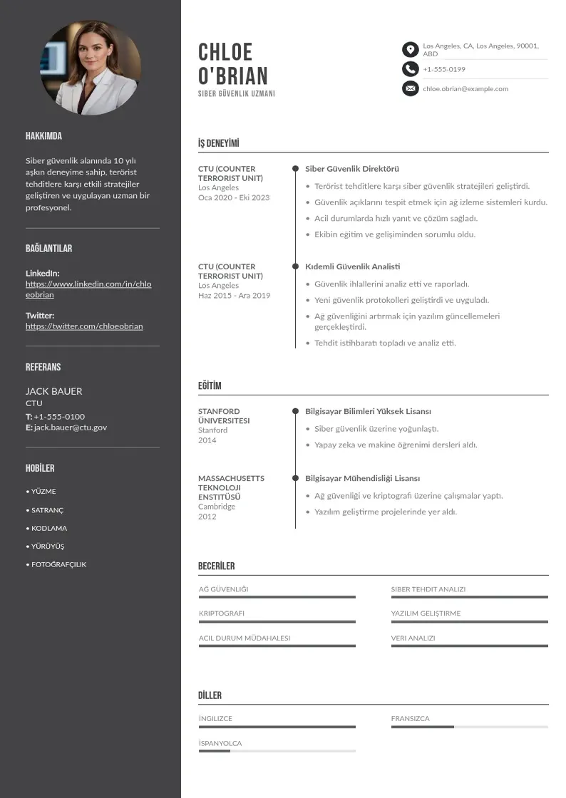 Divu kolonnu Siber guvenlik icin CV piemērs