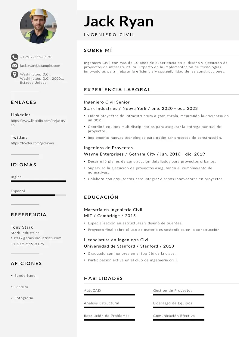 two column cv-ingeniero-civil resume example