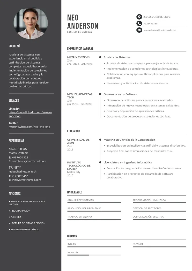 two column cv-analista-de-sistemas resume example