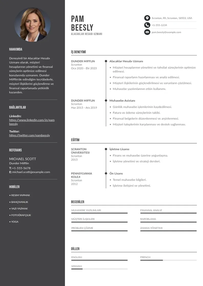 Divu kolonnu Alacaklar Hesabı Uzmanı  CV piemērs