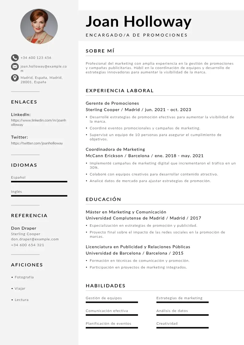 two column encargadoa-de-promociones resume example