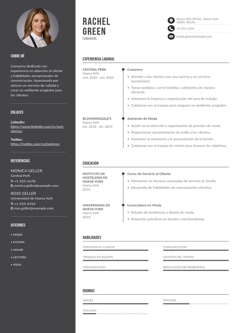 two column curriculum-de-camarero resume example