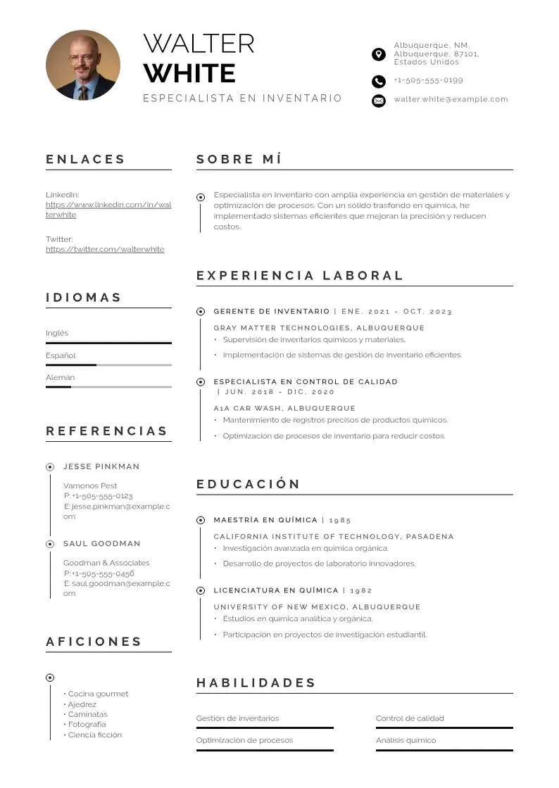 two column especialista-en-inventario resume example