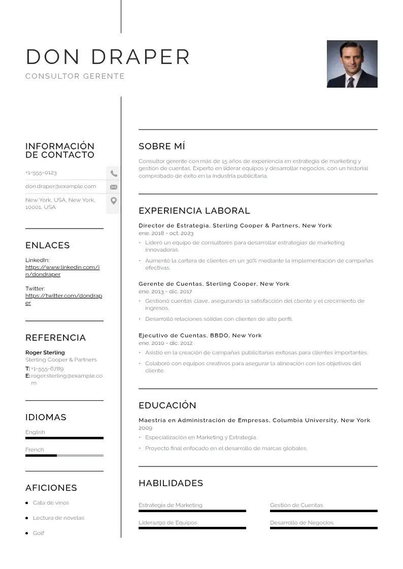 two column cv-consultor-gerente resume example