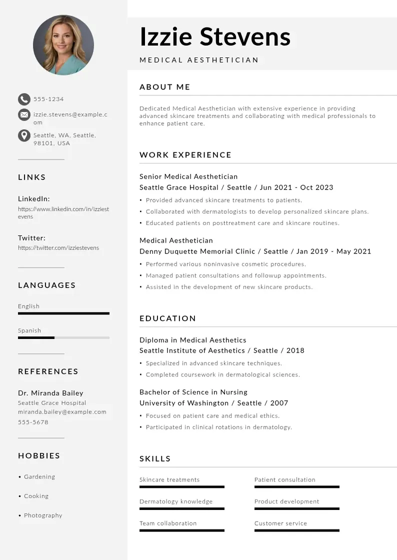 modern Medical aesthetician resume resume template