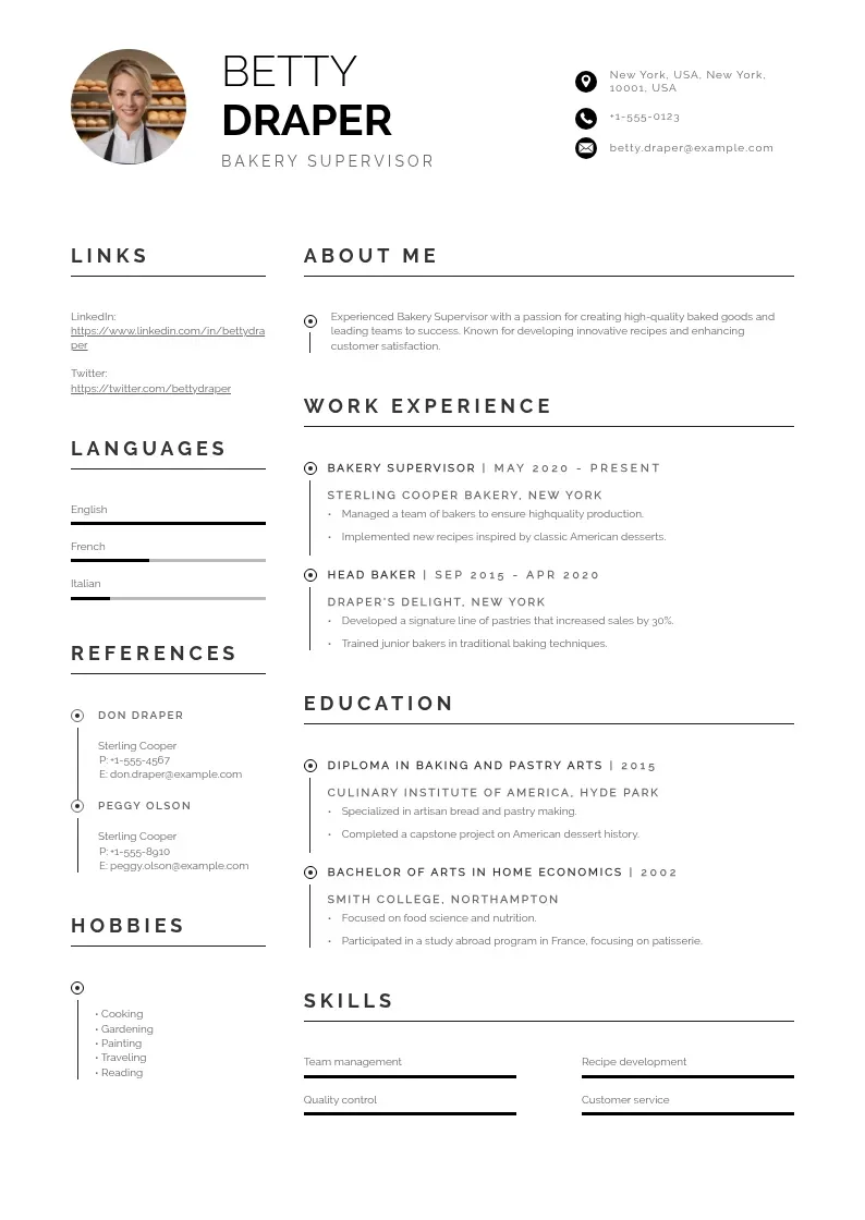 professional Bakery supervisor resume resume template