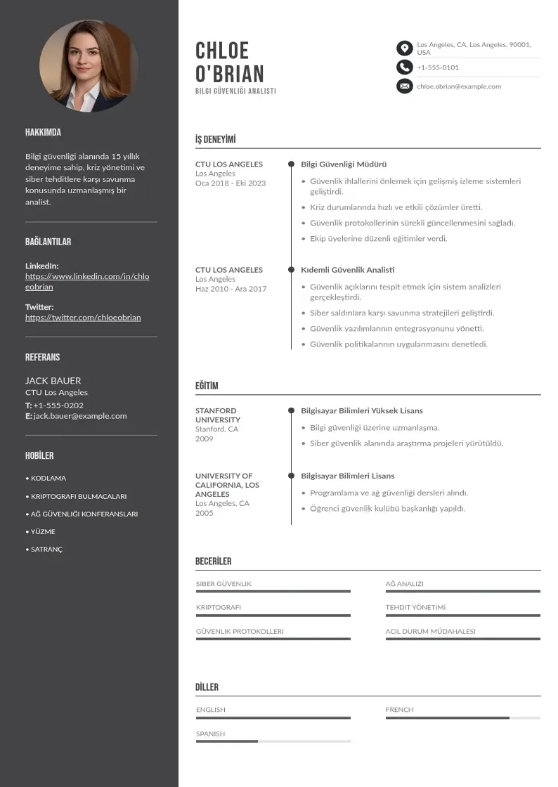 Divu kolonnu Bilgi Güvenliği Analisti  CV piemērs
