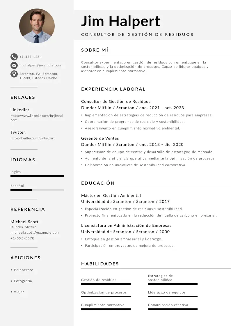 two column consultor-de-gestion-de-residuos resume example