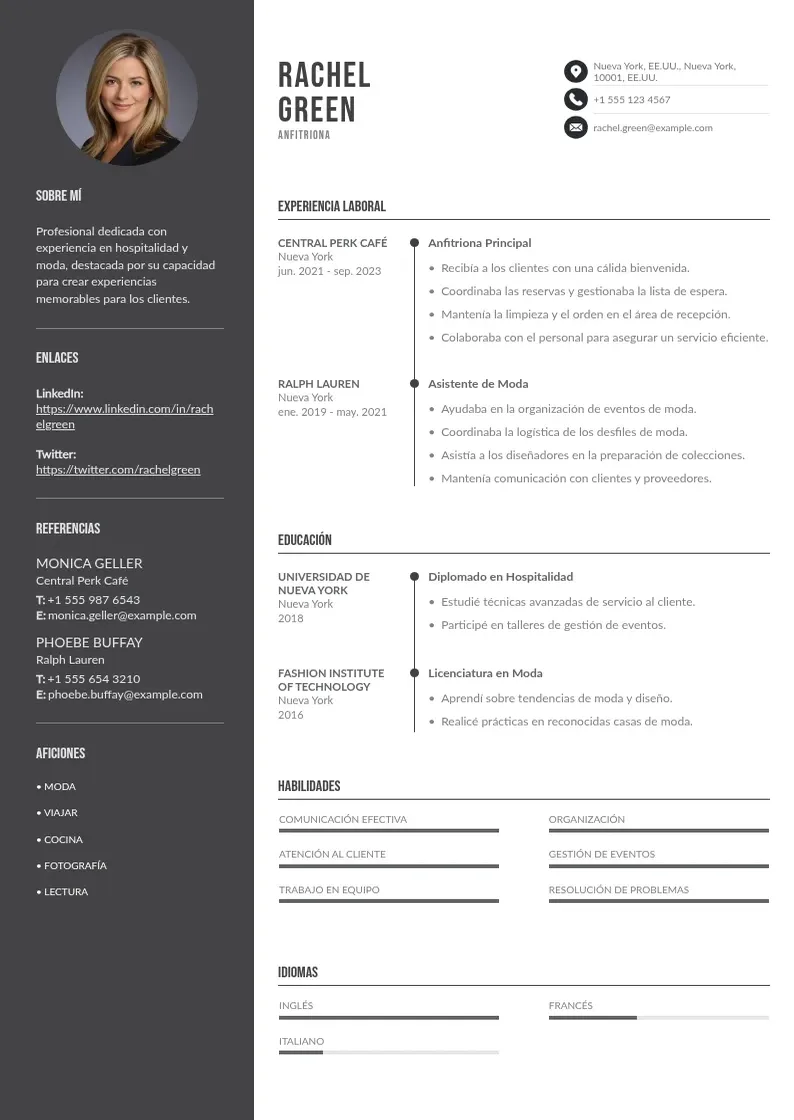 two column cv-anfitriona resume example
