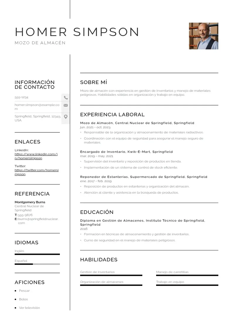 two column curriculum-de-mozo-de-almacen resume example