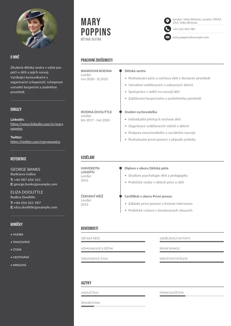 Divu kolonnu Dětská sestra  CV piemērs