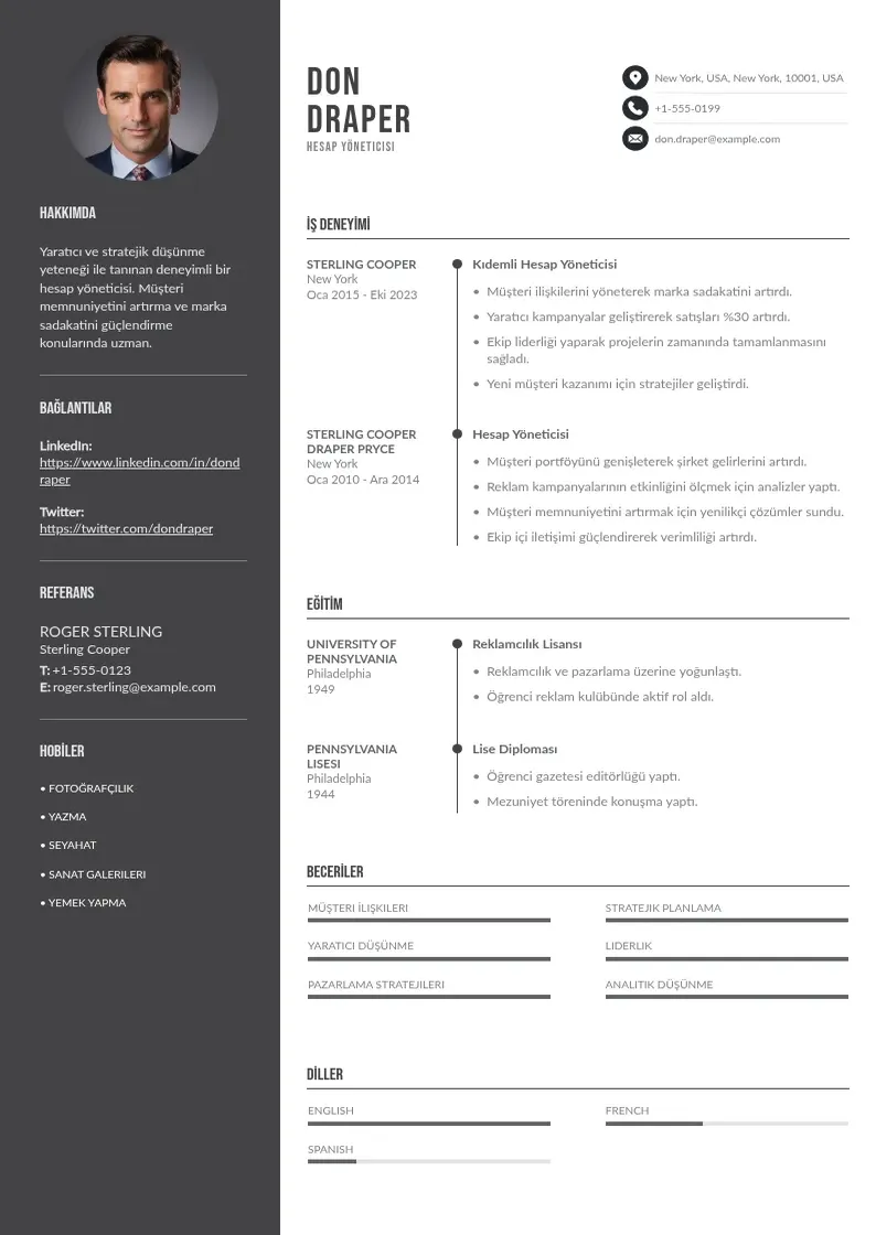Divu kolonnu Hesap yönetici  CV piemērs