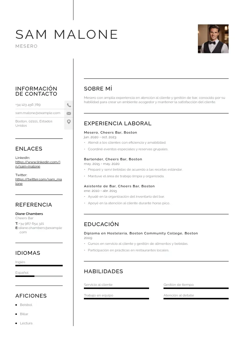 two column cv-mesero resume example