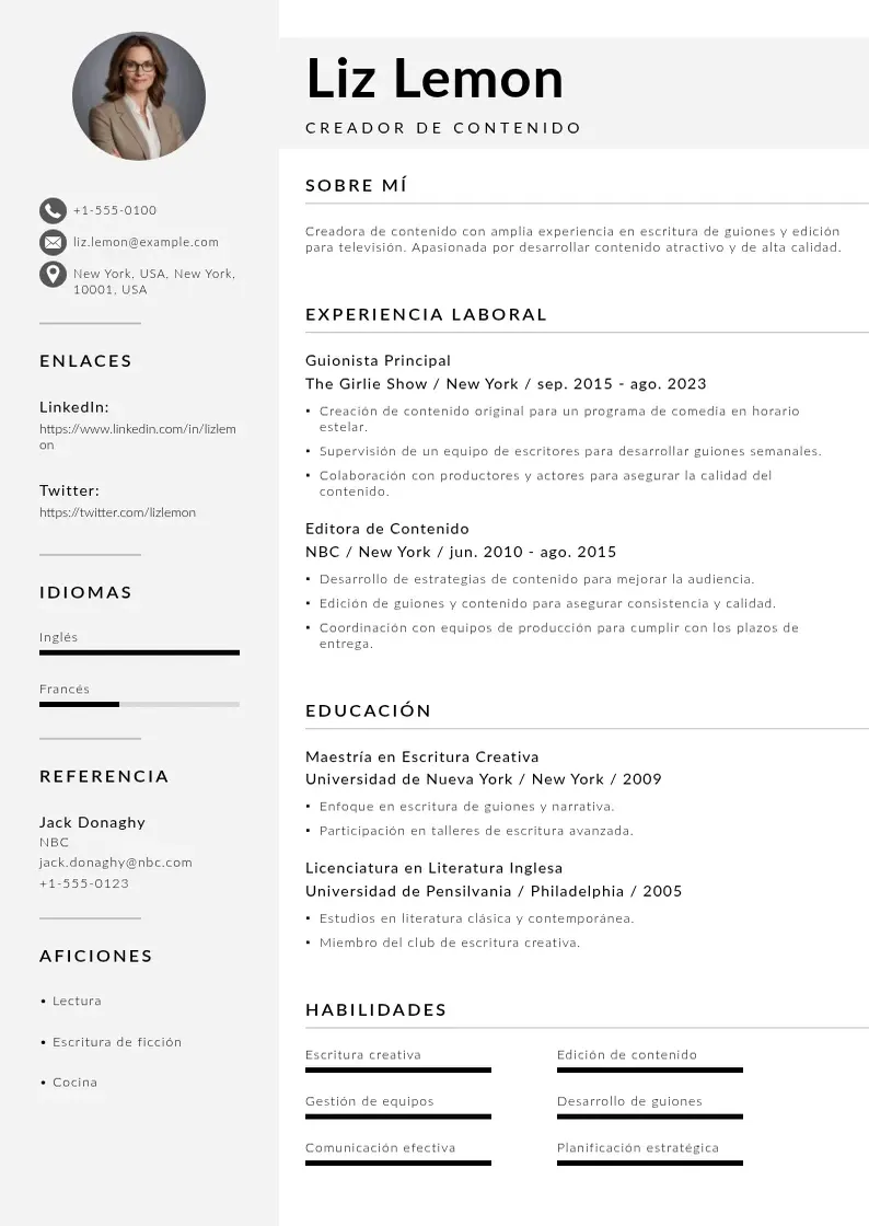two column cv-creador-de-contenido resume example
