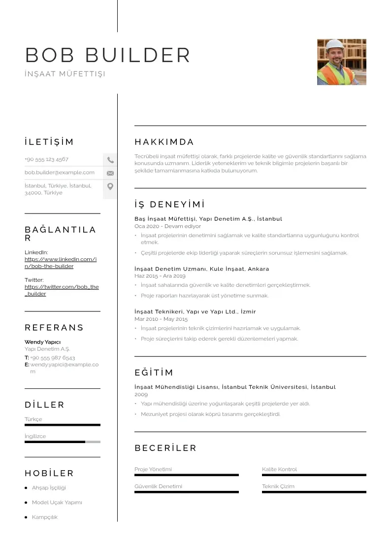 Vienkārša İnşaat müfettişi  CV piemērs
