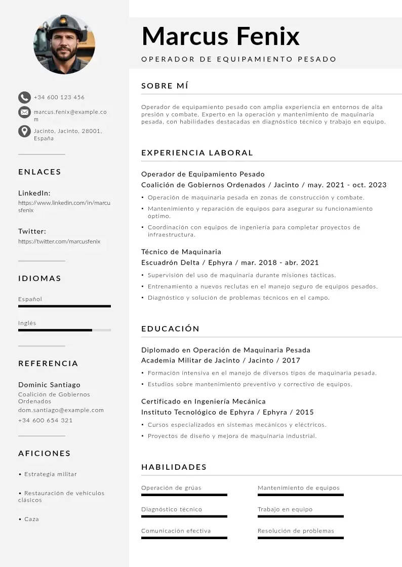two column cv-operador-de-equipamiento-pesado resume example