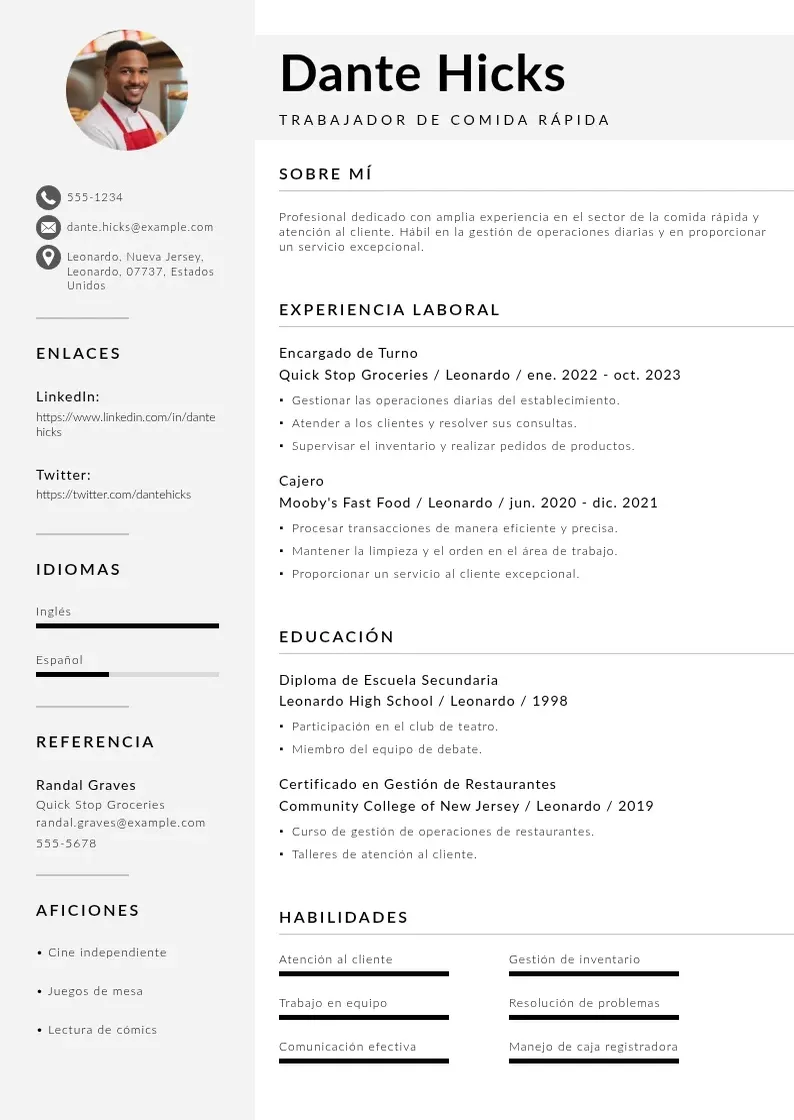 two column cv-trabajador-de-comida-rapida resume example