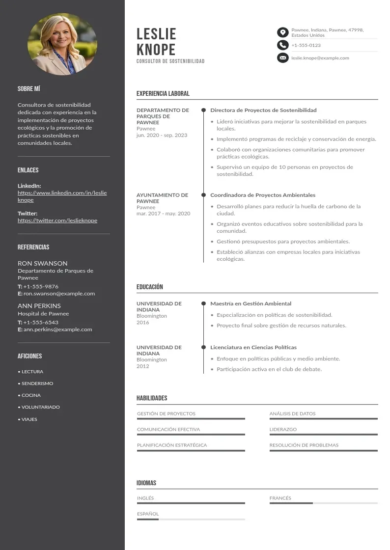 two column consultor-de-sostenibilidad resume example