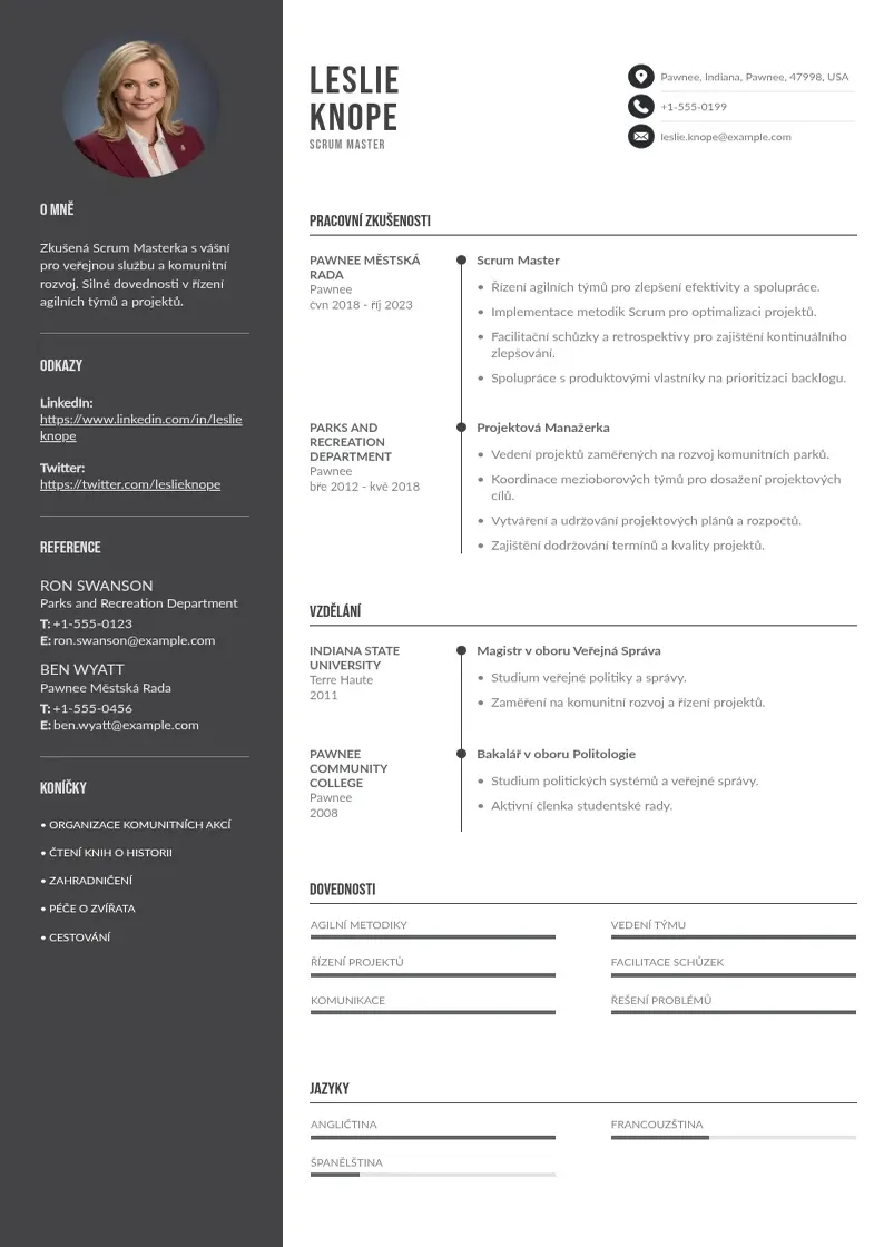 Divu kolonnu Scrum mastera zivotopis CV piemērs