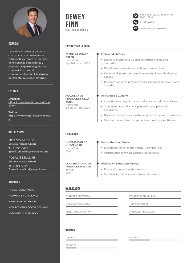 two column profesor-de-musica resume example