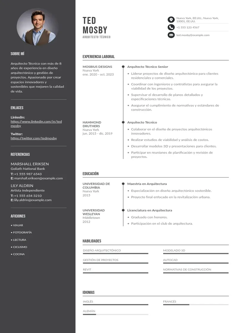 two column arquitecto-tecnico resume example