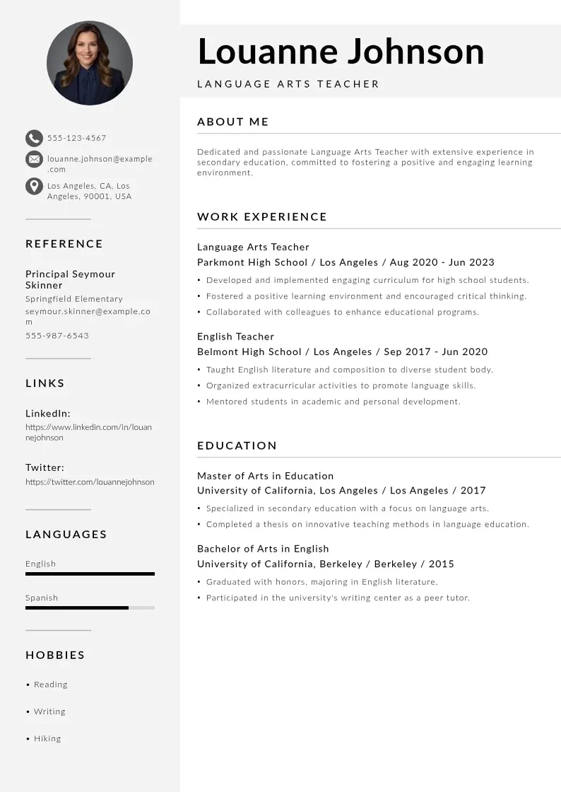modern Language arts teacher resume resume template