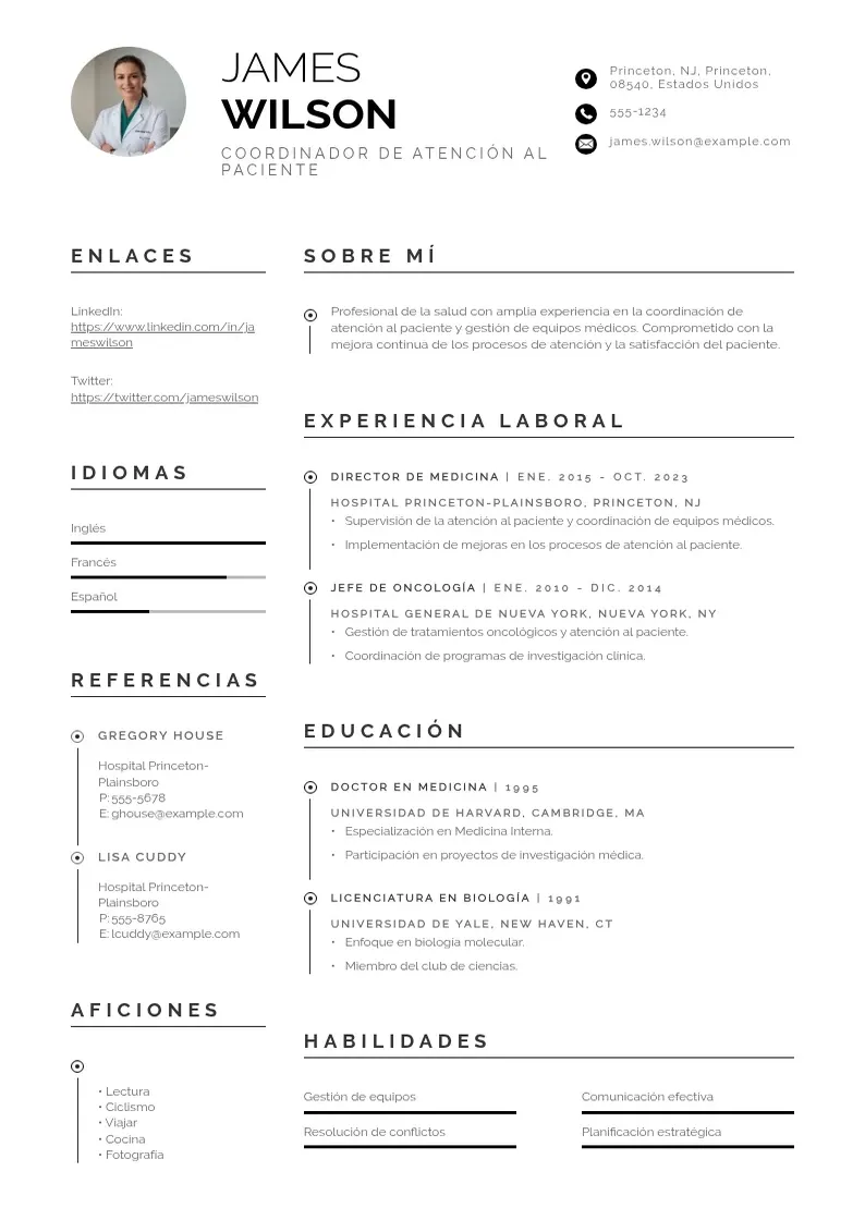 two column cv-coordinador-de-atencion-al-paciente resume example
