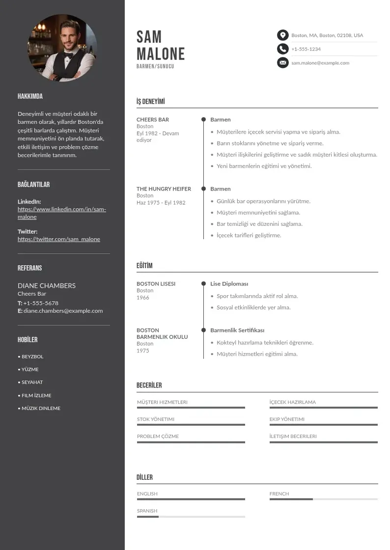 Divu kolonnu Barmen/Sunucu  CV piemērs