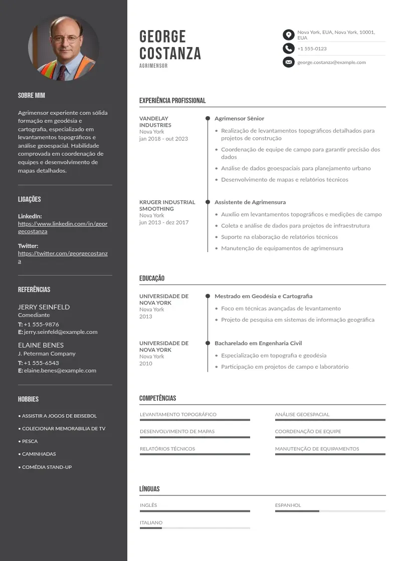 Exemplo de currículo de Agrimensor em duas colunas