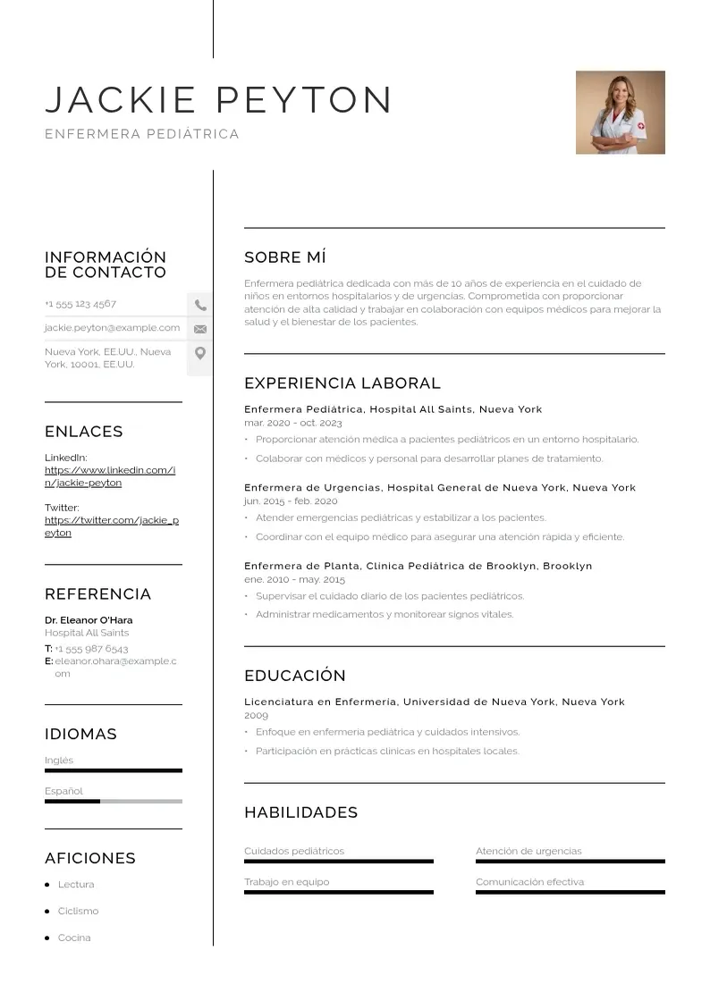 two column cv-enfermera-pediatrica resume example