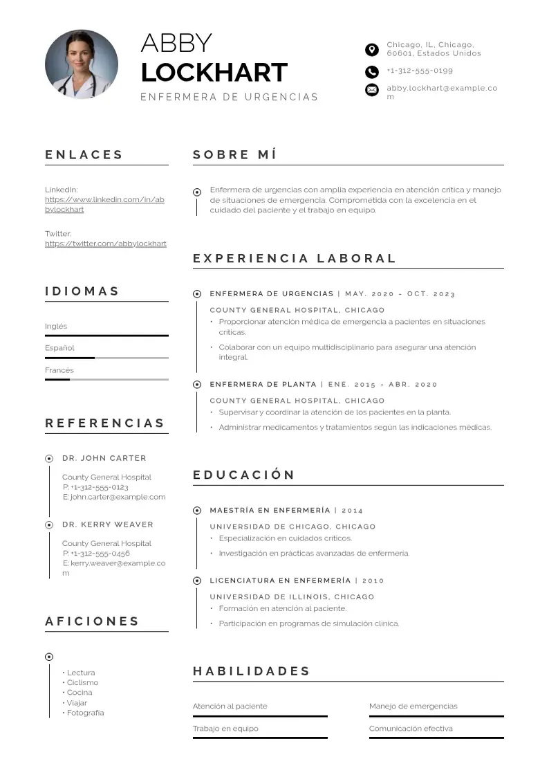 two column cv-enfermera-de-urgencias resume example