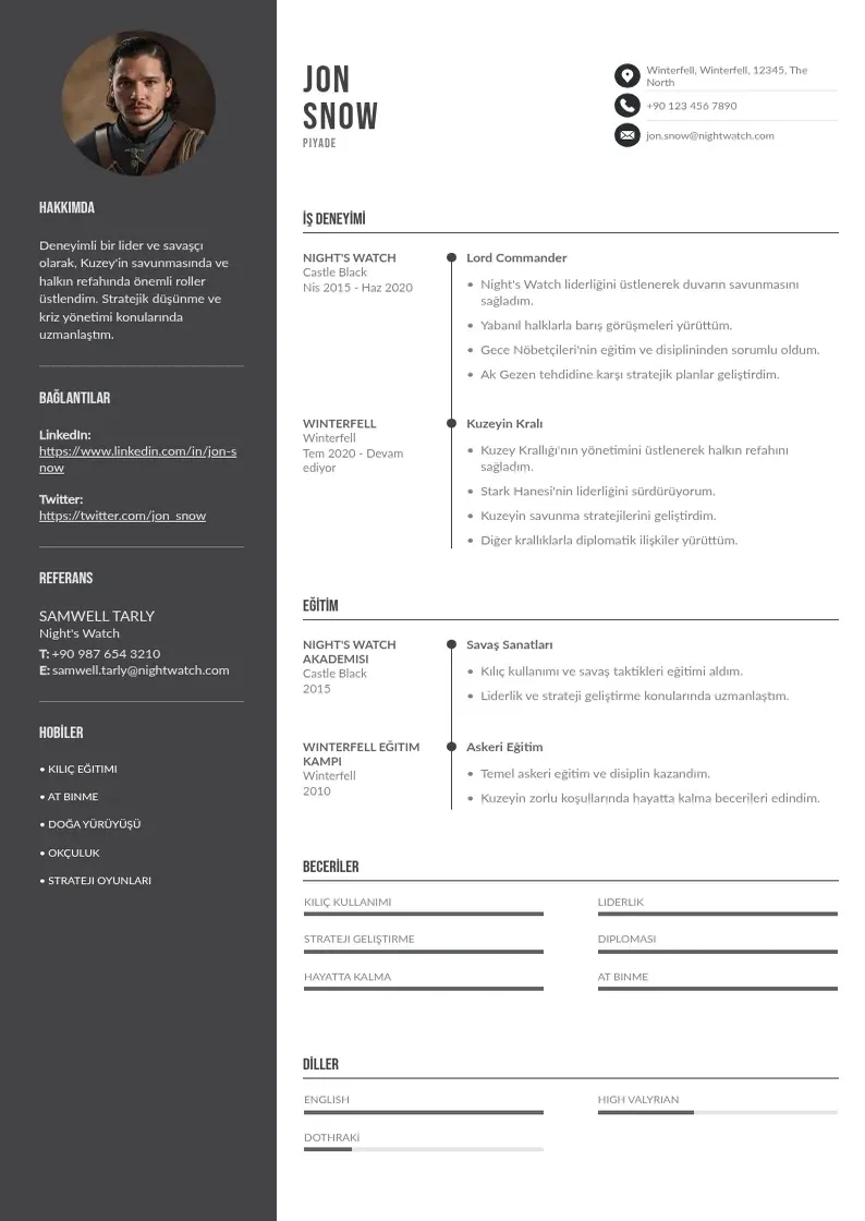 Divu kolonnu piyade  CV piemērs