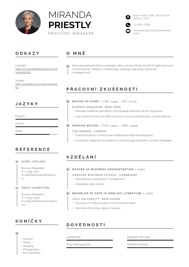 Profesionāla Provozní manažer CV veidne