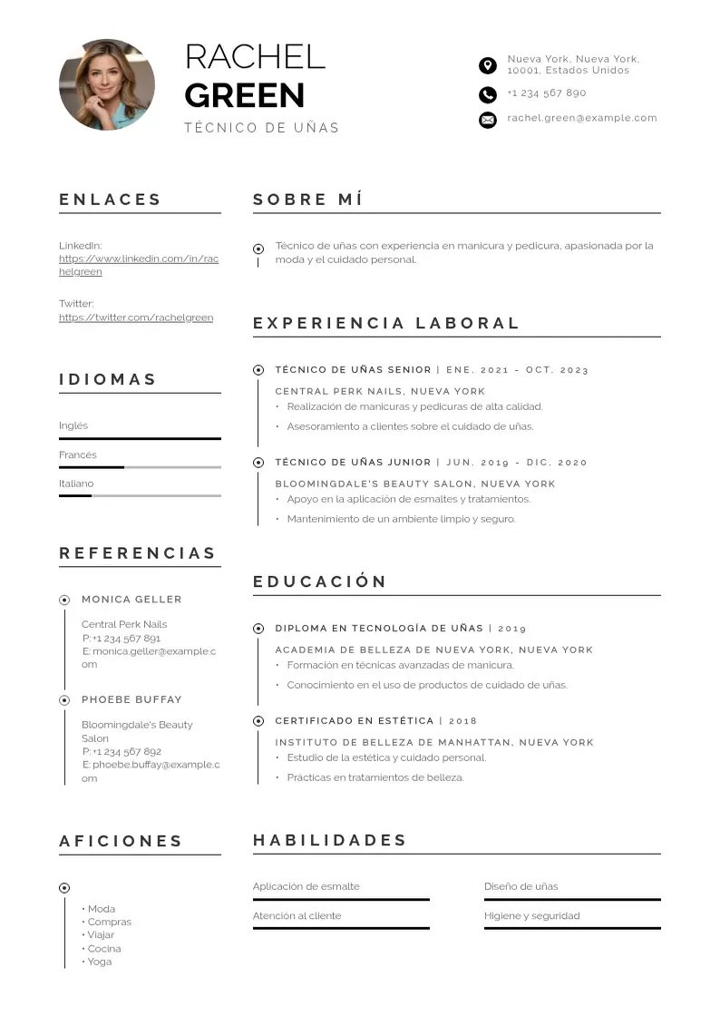 two column cv-tecnico-de-unas resume example