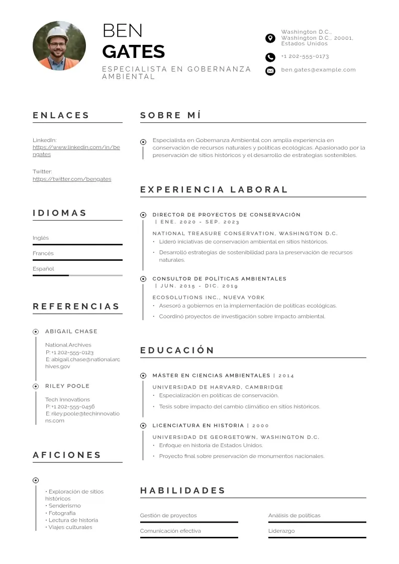 two column especialista-en-gobernanza-ambiental resume example