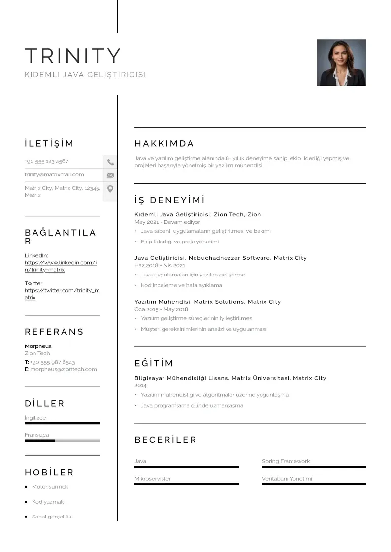Vienkārša Kıdemli Java Geliştiricisi  CV piemērs