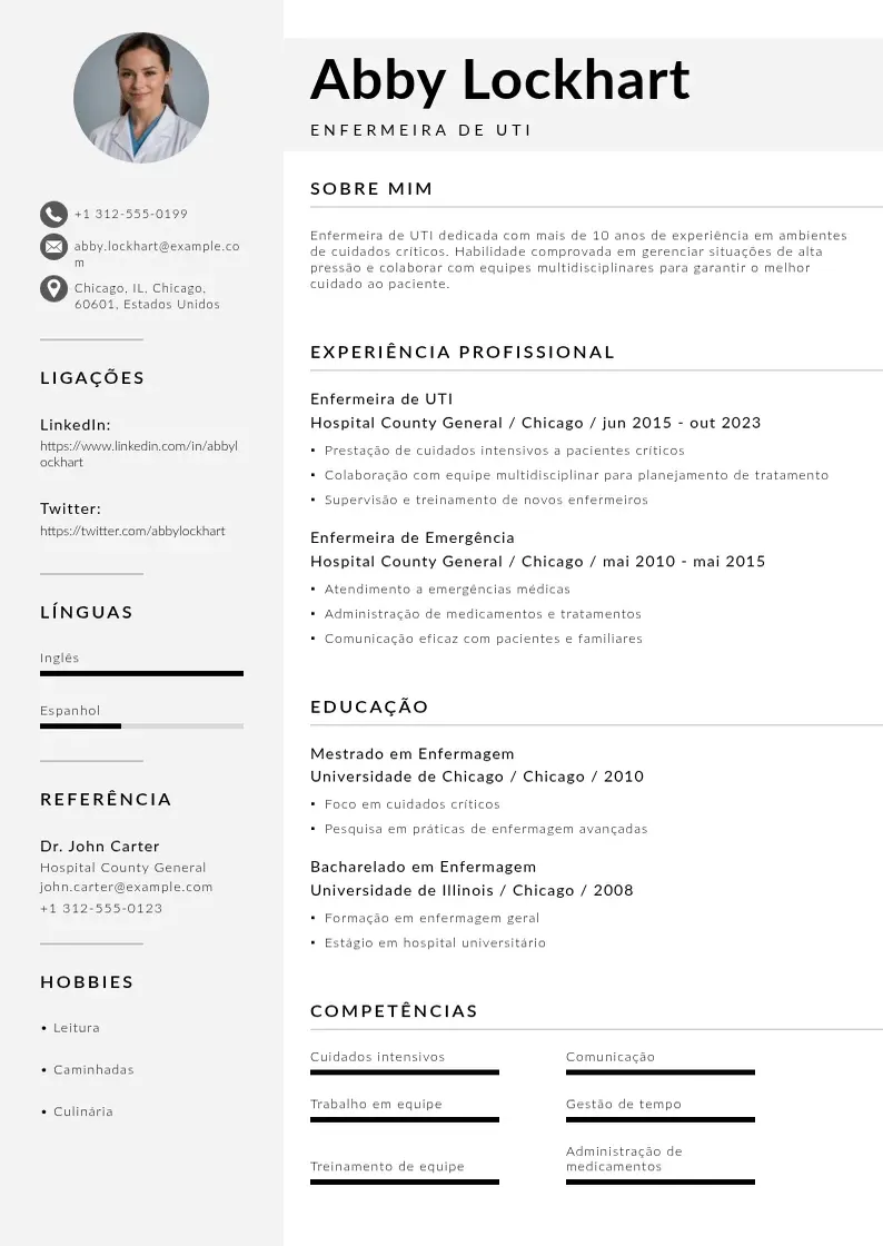 Modelo de currículo moderno de De enfermeira de uti