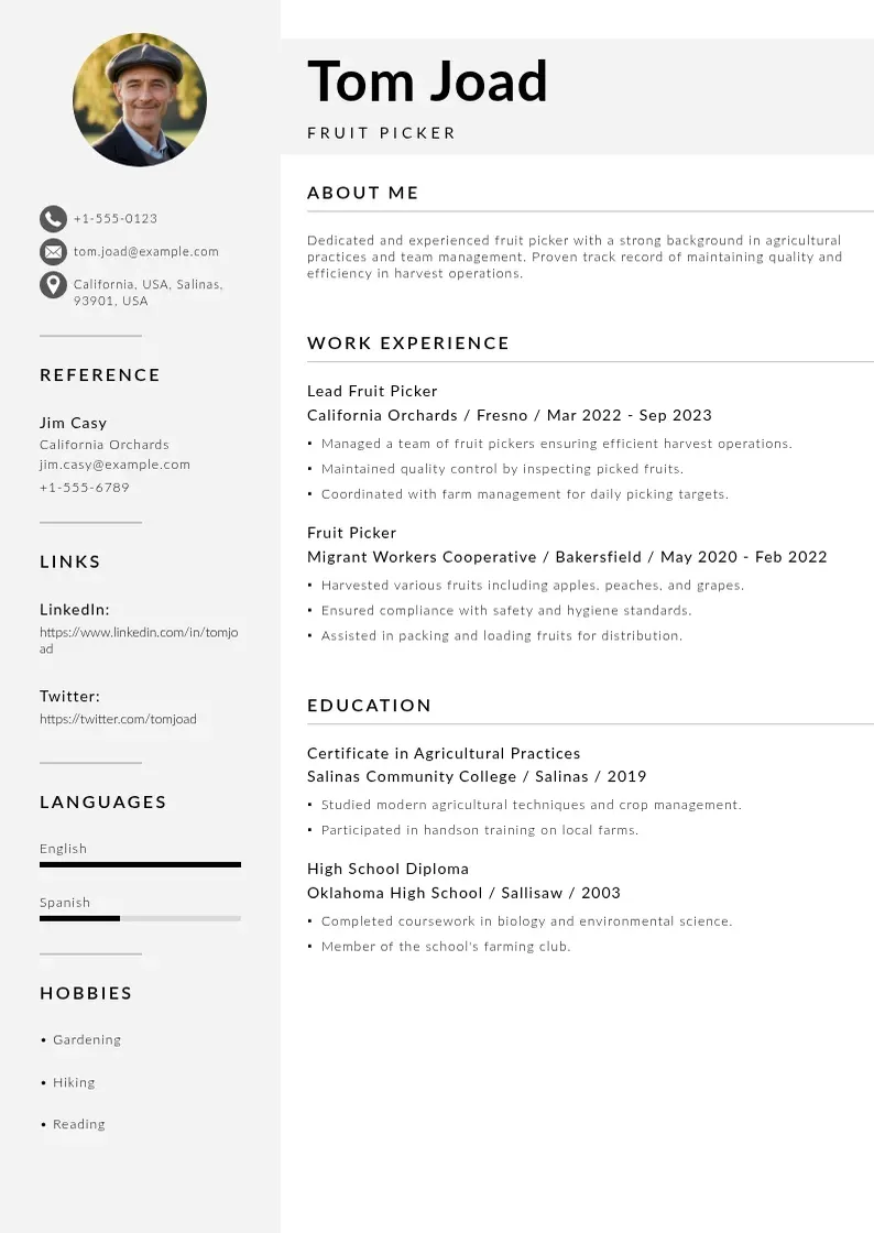 modern Fruit picker resume resume template