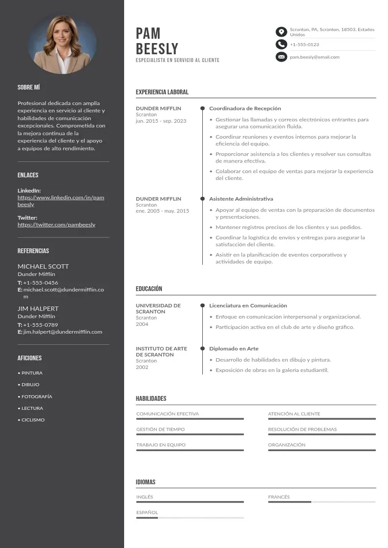two column cv-especialista-en-servicio-al-cliente resume example