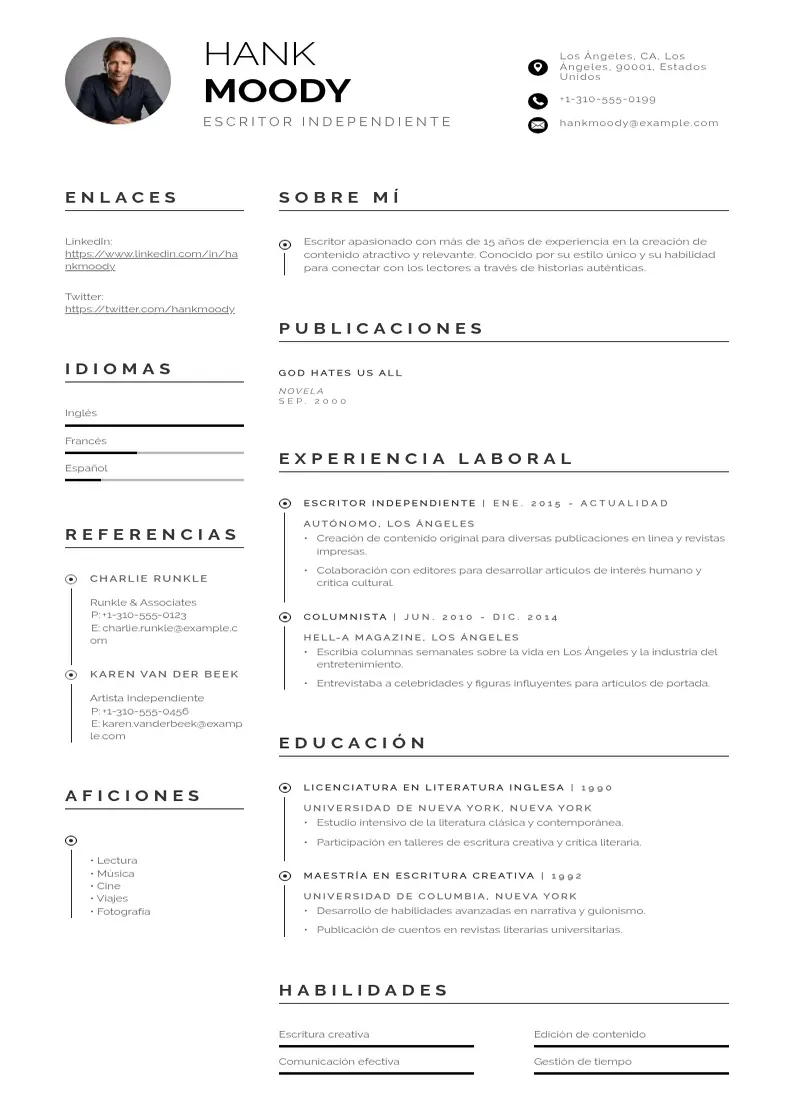 two column cv-escritor-independiente resume example