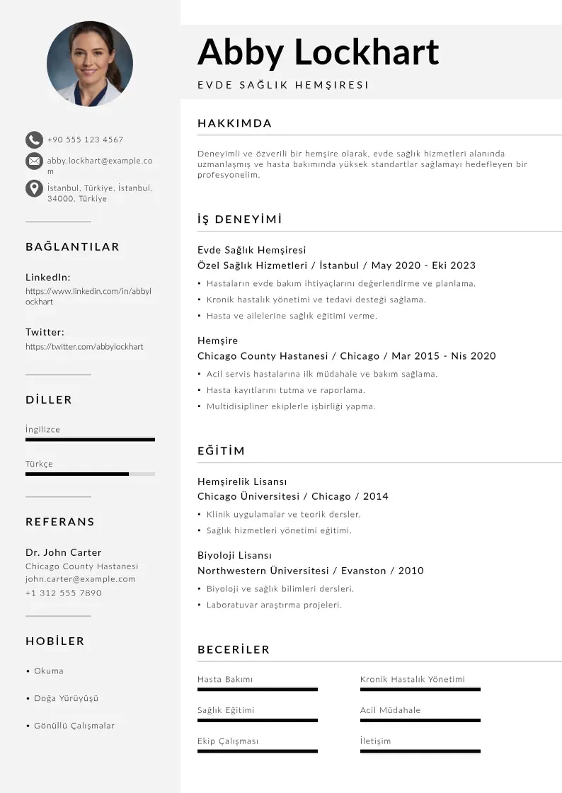 Mūsdienīga Evde Sağlık Hemşiresi  CV veidne