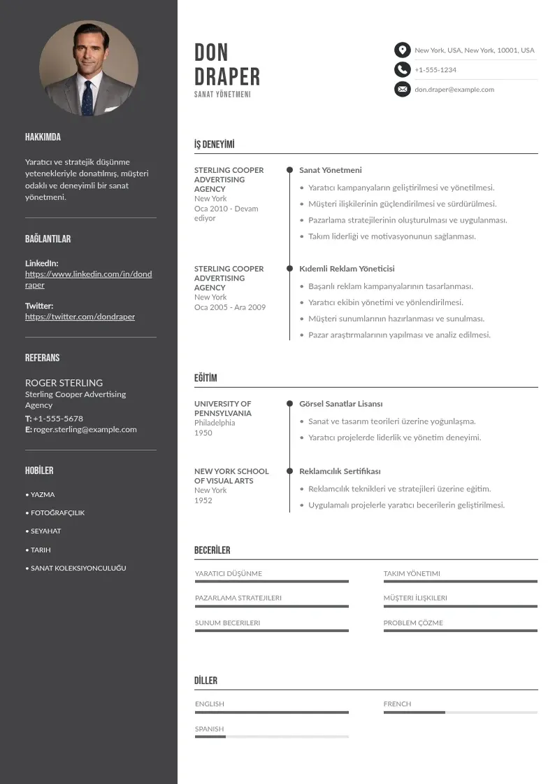 Divu kolonnu Sanat Yönetmeni  CV piemērs